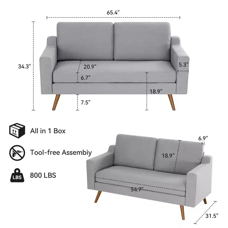 Divanetto/Sofà Moderno di Metà Secolo da 166 cm con Cuscini a Molla per Soggiorno, Camera da Letto e Ufficio