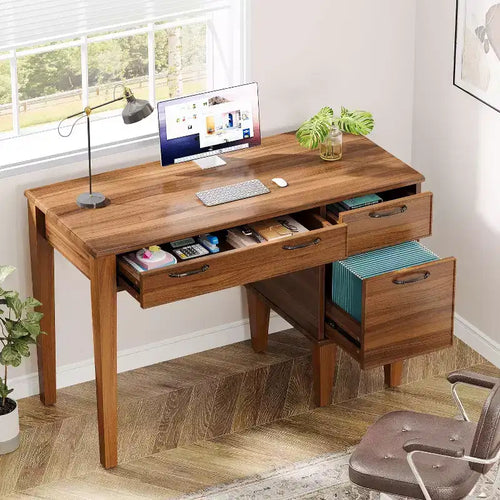Lantine 47 Wood Computer Desk with 3 Drawers, Farmhouse Small Office Desk with Storage for Home Office, Bedroom, Study Room, Brown