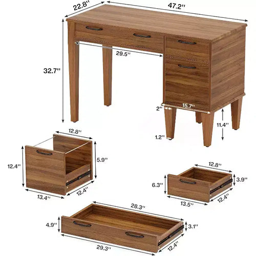 Scrivania per computer in legno da 119 cm con 3 cassetti, stile rustico, marrone