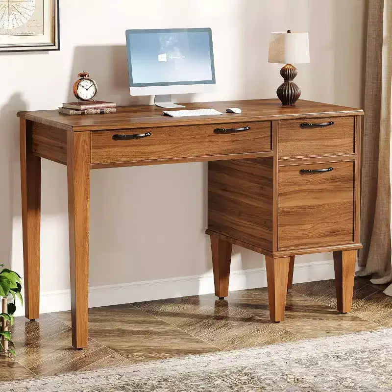 Scrivania per computer in legno da 119 cm con 3 cassetti, stile rustico, marrone