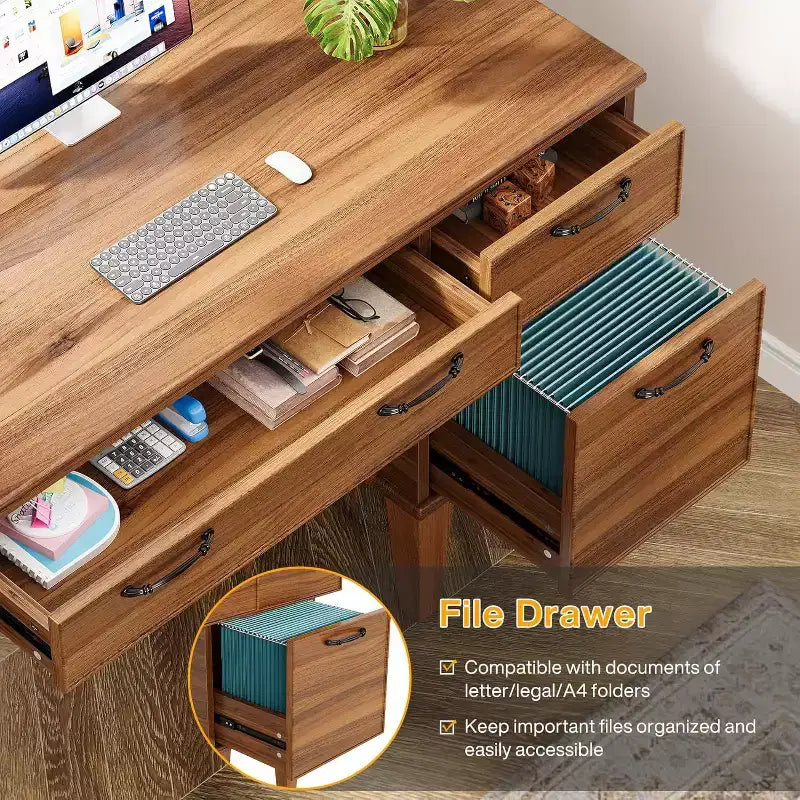 Scrivania per computer in legno da 119 cm con 3 cassetti, stile rustico, marrone