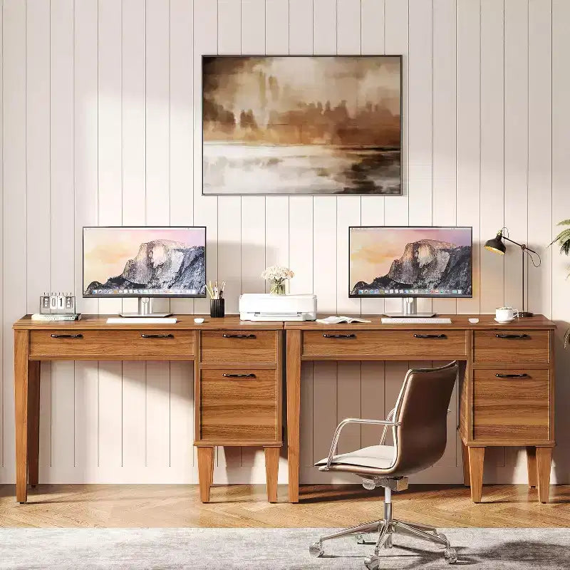Scrivania per computer in legno da 119 cm con 3 cassetti, stile rustico, marrone