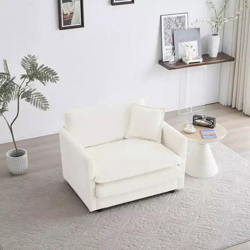 Comfy Deep Single Seat Sofa Upholstered Reading Armchair Living Room Chair White Chenille Fabric 1 Toss Pillow