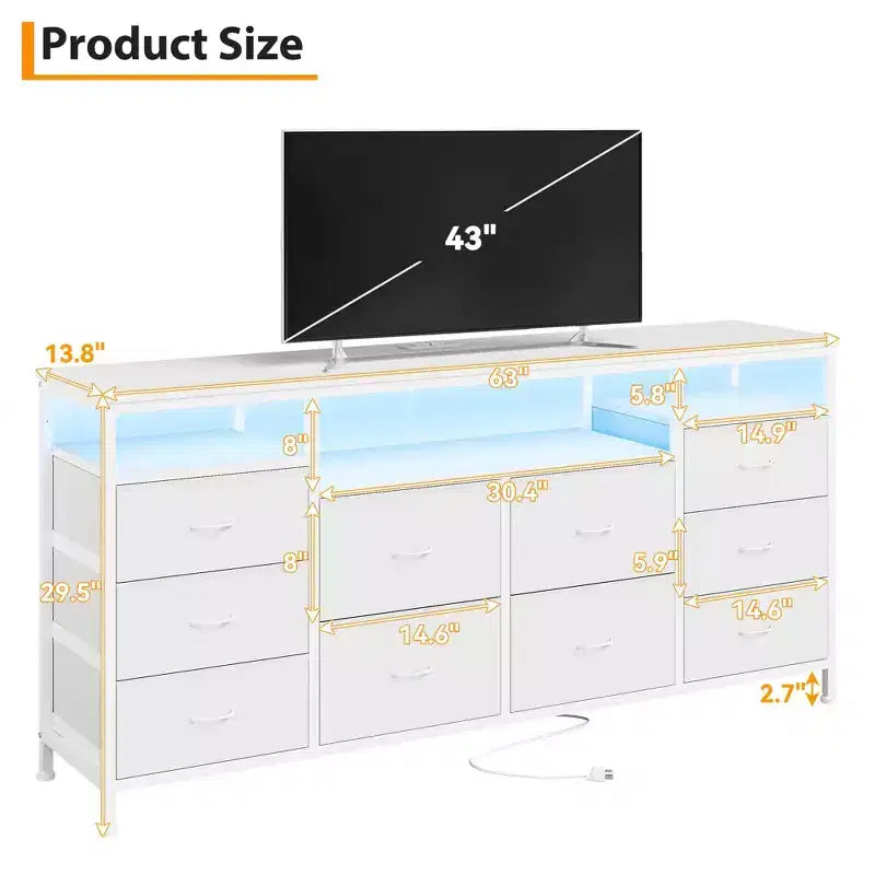 Comò a 10 cassetti con supporto TV, cassettiera portaoggetti larga 63 pollici