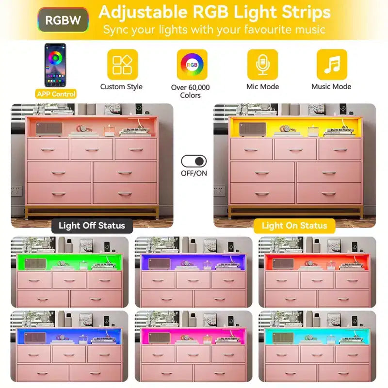Comò a 6 cassetti con stazione di ricarica e luci LED