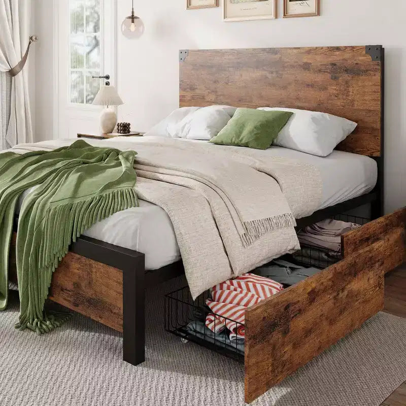 Bed Frame with 4 Storage Drawers, Metal Platform Bed with Wooden Headboard, Noise Free, No Box Spring Needed, Easy Assembly, Vintage Brown
