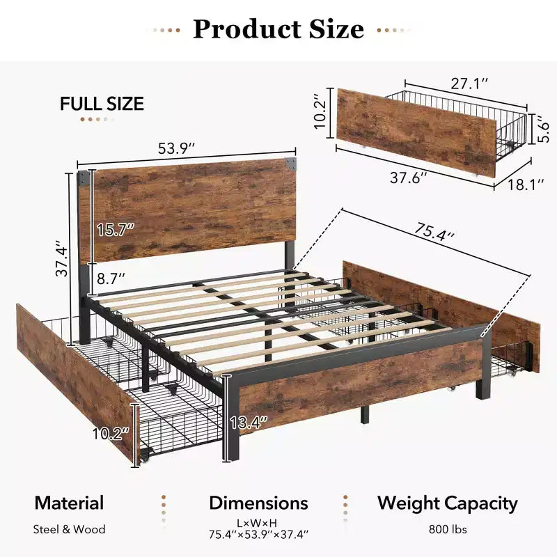 Struttura letto a piattaforma con 4 cassetti contenitore e testiera in legno