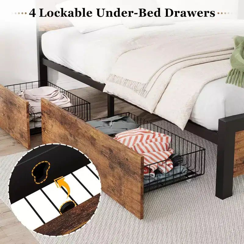 Struttura letto a piattaforma con 4 cassetti contenitore e testiera in legno