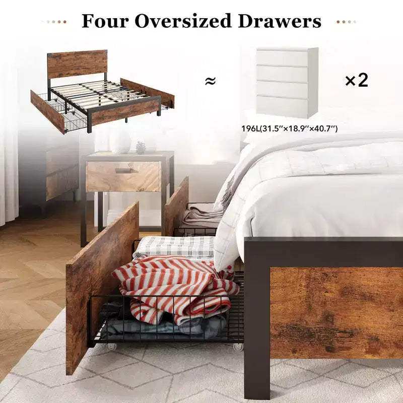 Struttura letto a piattaforma con 4 cassetti contenitore e testiera in legno