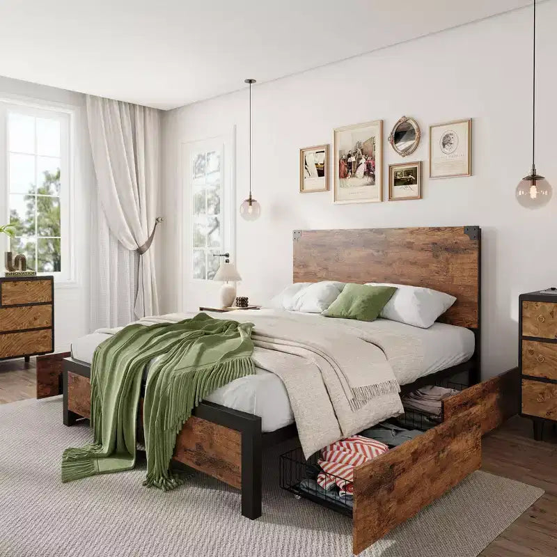 Struttura letto a piattaforma con 4 cassetti contenitore e testiera in legno