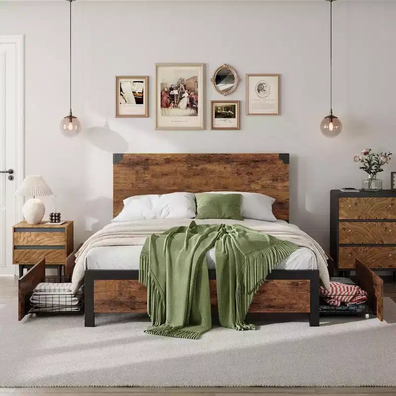 Struttura letto a piattaforma con 4 cassetti contenitore e testiera in legno