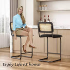 Set di 2 sgabelli da bar altezza bancone, in similpelle imbottita con schienale in rattan, sedie da bar senza braccioli da 66 cm per isola cucina, nero