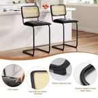 Set di 2 sgabelli da bar altezza bancone, in similpelle imbottita con schienale in rattan, sedie da bar senza braccioli da 66 cm per isola cucina, nero