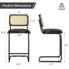Set di 2 sgabelli da bar altezza bancone, in similpelle imbottita con schienale in rattan, sedie da bar senza braccioli da 66 cm per isola cucina, nero