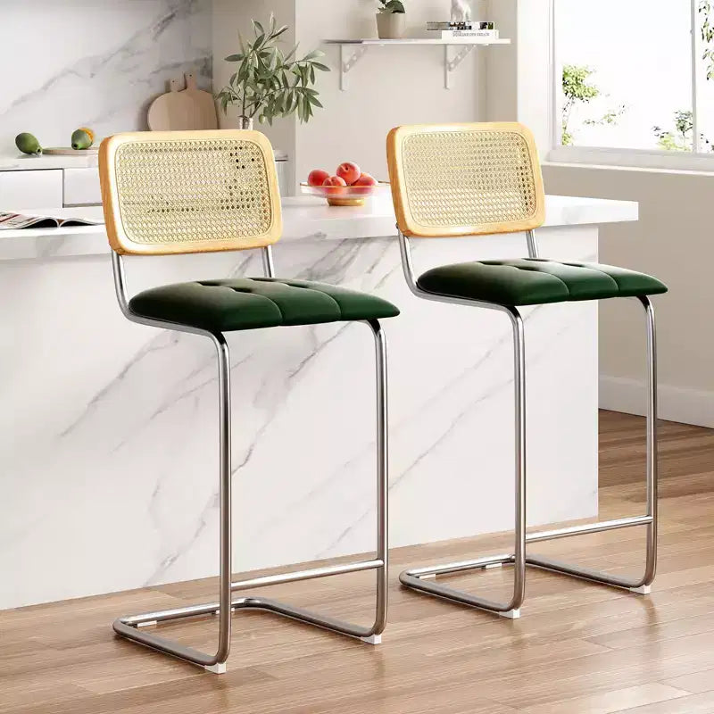 PexFix 2Pcs Counter Height Bar Stools Upholstered PU Leather Barstools with Rattan Back 30 inch Stools Armless Bar Chairs for Kitchen Island Green