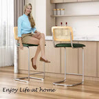 Set di 2 sgabelli da bar altezza bancone con schienale in rattan, sedile imbottito in similpelle, senza braccioli, 76 cm, verdi