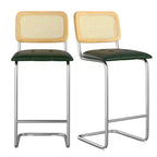 Set di 2 sgabelli da bar altezza bancone con schienale in rattan, sedile imbottito in similpelle, senza braccioli, 76 cm, verdi