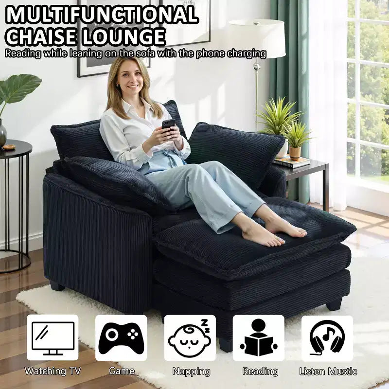 Set Poltrona e Pouf Oversize in Velluto a Coste da 40" con Seduta Profonda