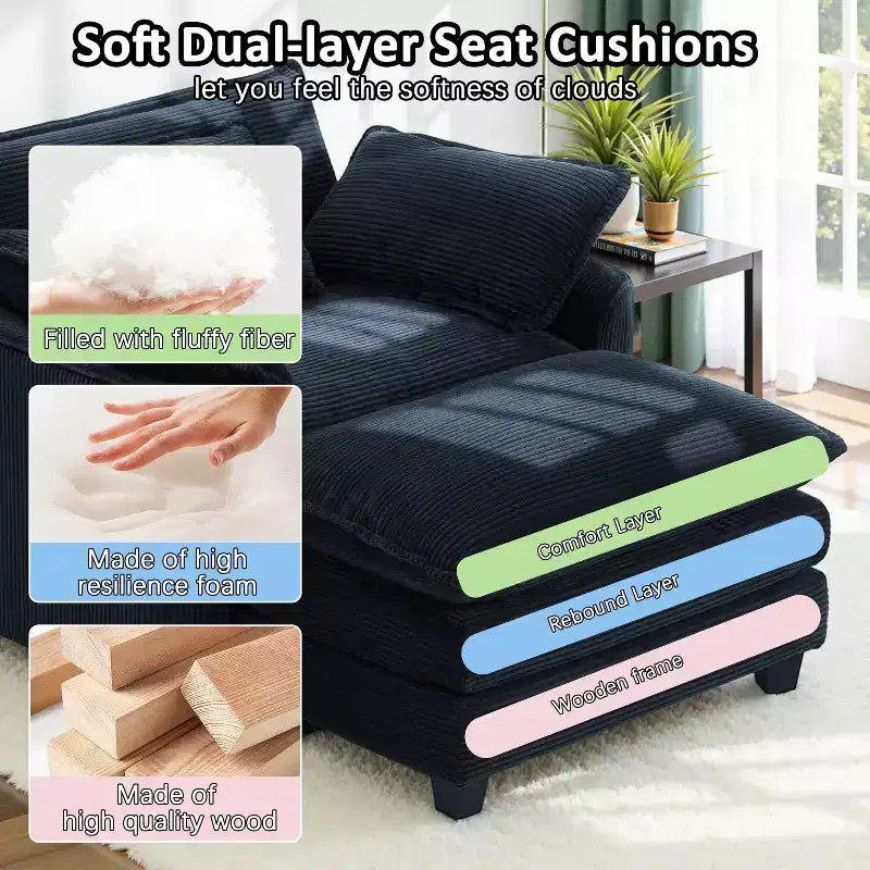 Set Poltrona e Pouf Oversize in Velluto a Coste da 40" con Seduta Profonda