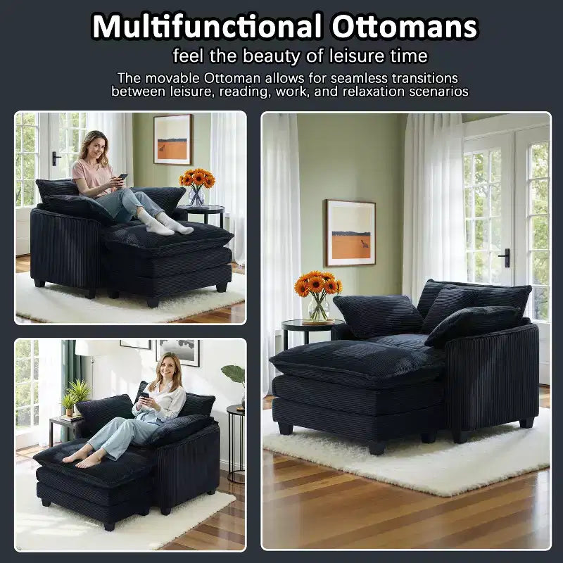 Set Poltrona e Pouf Oversize in Velluto a Coste da 40" con Seduta Profonda