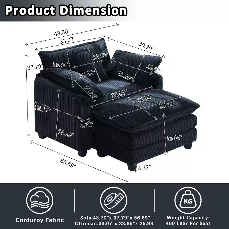 Set Poltrona e Pouf Oversize in Velluto a Coste da 40" con Seduta Profonda