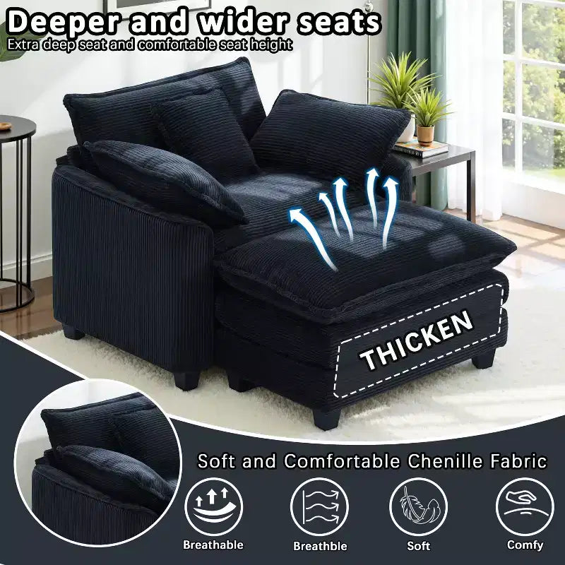 Set Poltrona e Pouf Oversize in Velluto a Coste da 40" con Seduta Profonda