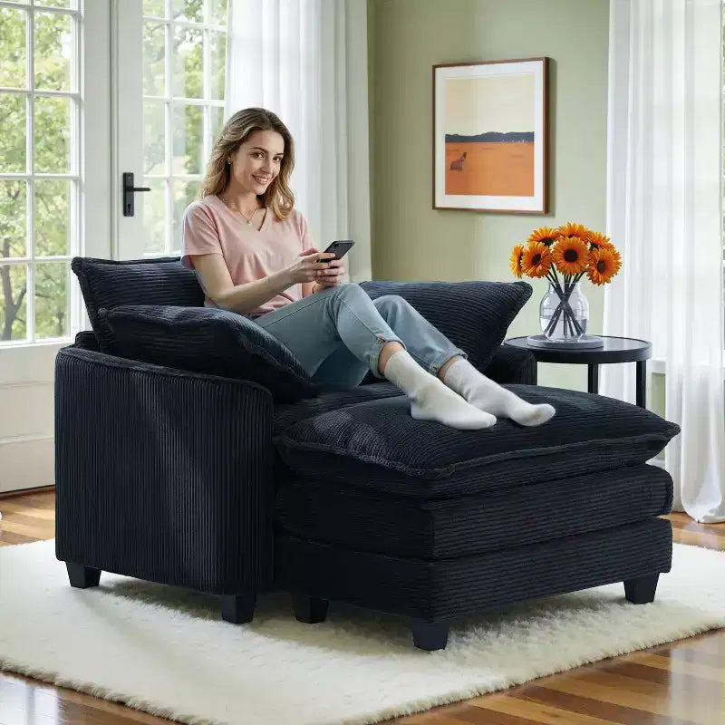 Set Poltrona e Pouf Oversize in Velluto a Coste da 40" con Seduta Profonda
