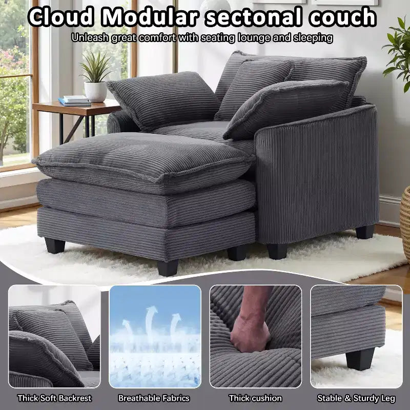 Set Poltrona e Pouf Oversize in Velluto a Coste da 40" con Seduta Profonda