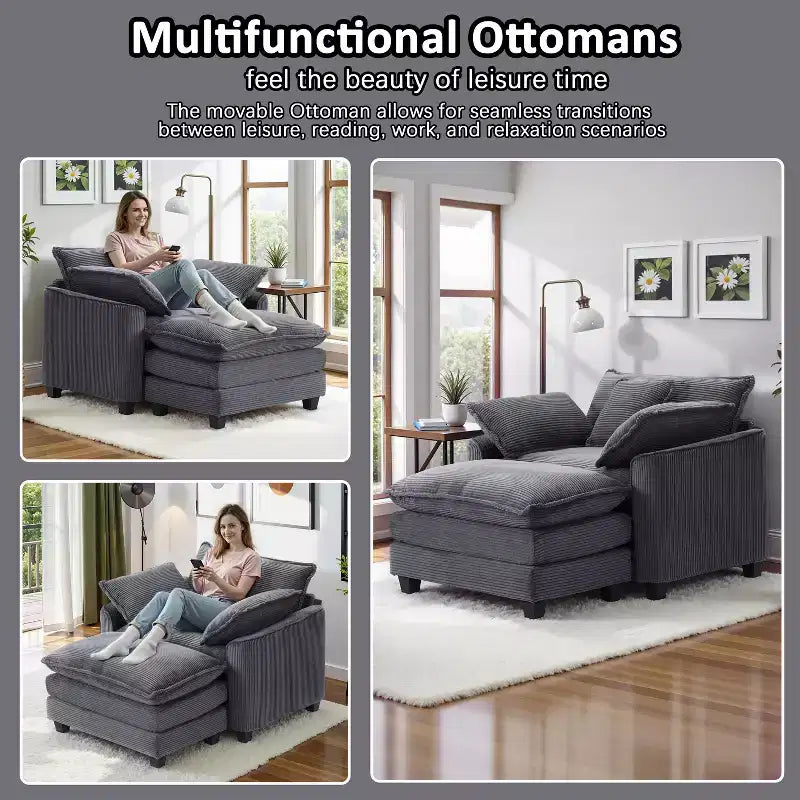 Set Poltrona e Pouf Oversize in Velluto a Coste da 40" con Seduta Profonda