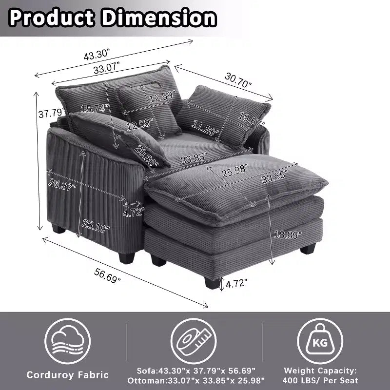 Set Poltrona e Pouf Oversize in Velluto a Coste da 40" con Seduta Profonda