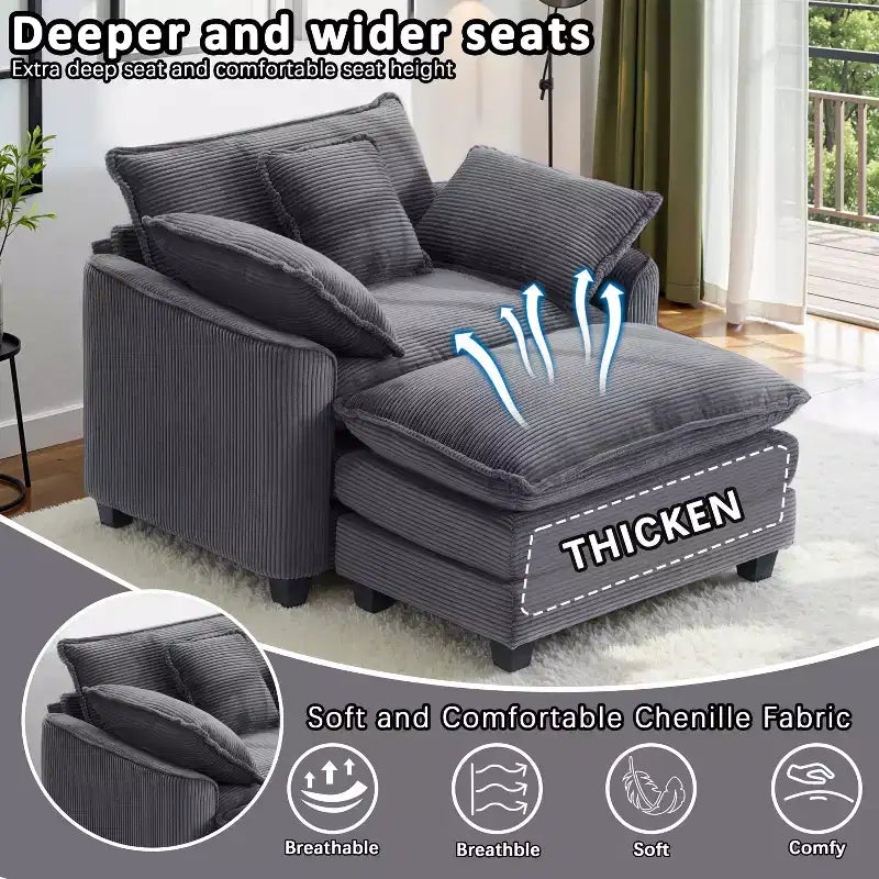 Set Poltrona e Pouf Oversize in Velluto a Coste da 40" con Seduta Profonda