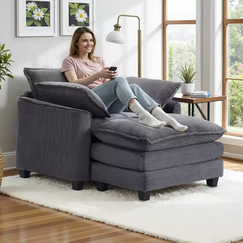 Set Poltrona e Pouf Oversize in Velluto a Coste da 40" con Seduta Profonda