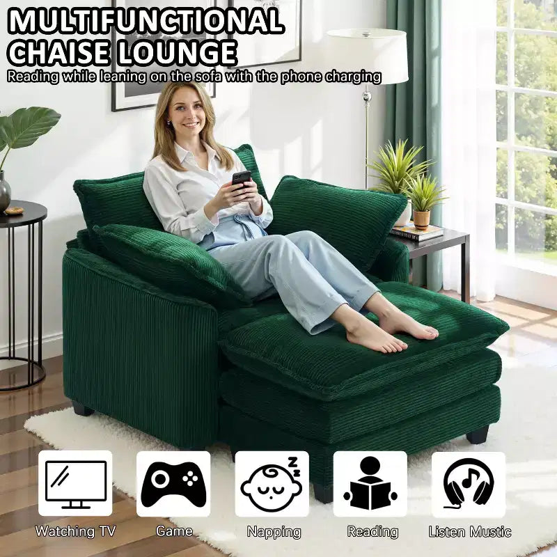 Set Poltrona e Pouf Oversize in Velluto a Coste da 40" con Seduta Profonda