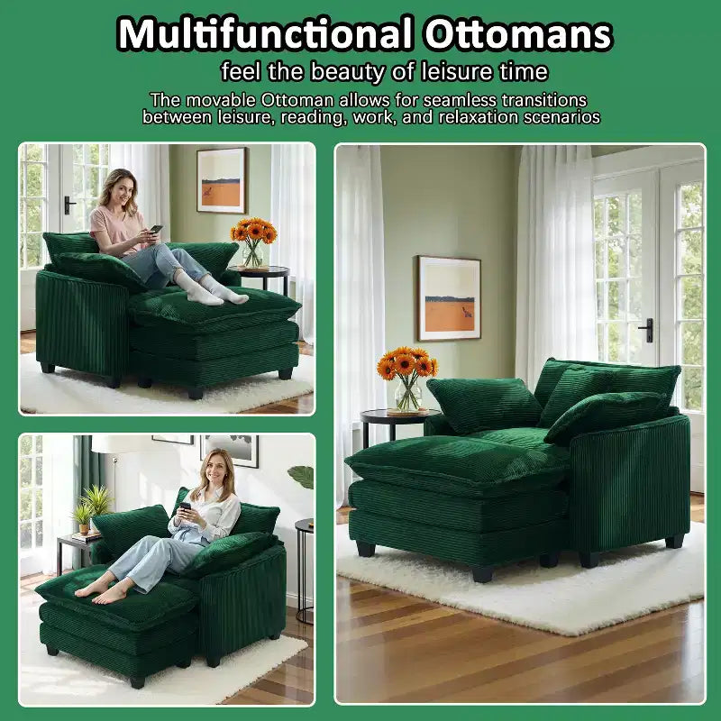 Set Poltrona e Pouf Oversize in Velluto a Coste da 40" con Seduta Profonda