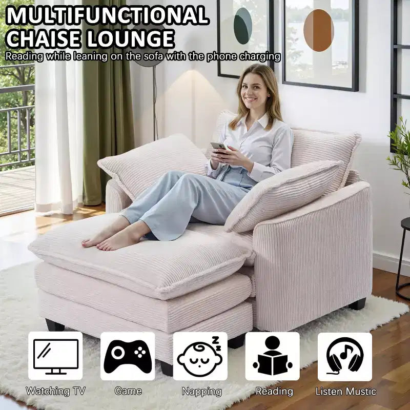 Set Poltrona e Pouf Oversize in Velluto a Coste da 40" con Seduta Profonda