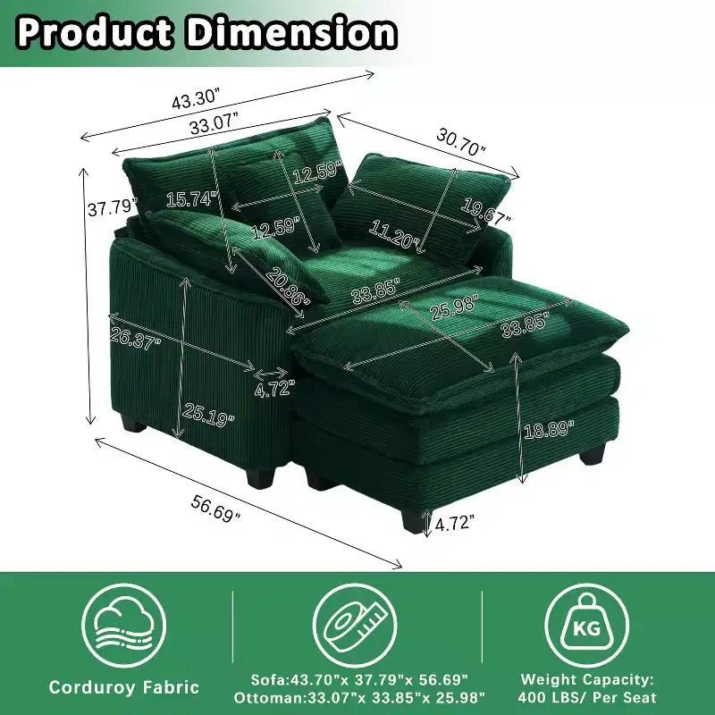 Set Poltrona e Pouf Oversize in Velluto a Coste da 40" con Seduta Profonda