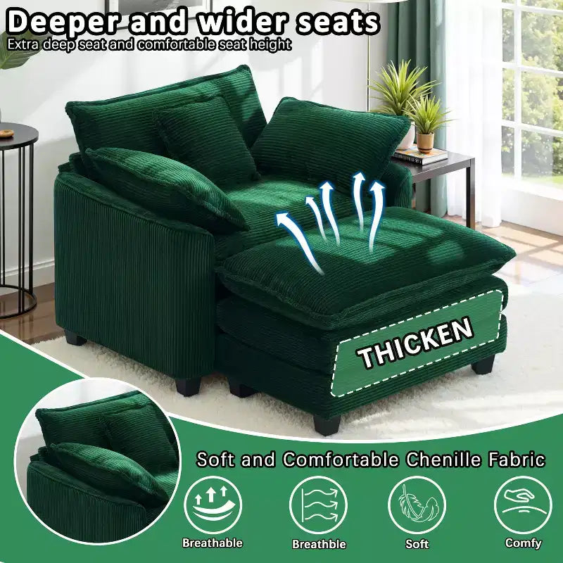 Set Poltrona e Pouf Oversize in Velluto a Coste da 40" con Seduta Profonda