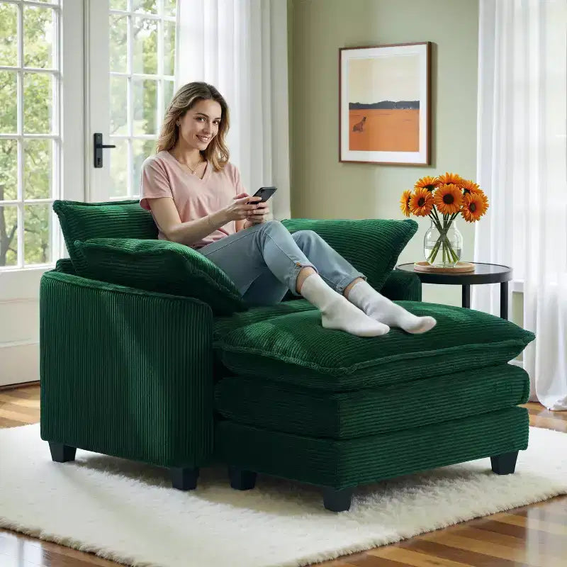 Set Poltrona e Pouf Oversize in Velluto a Coste da 40" con Seduta Profonda