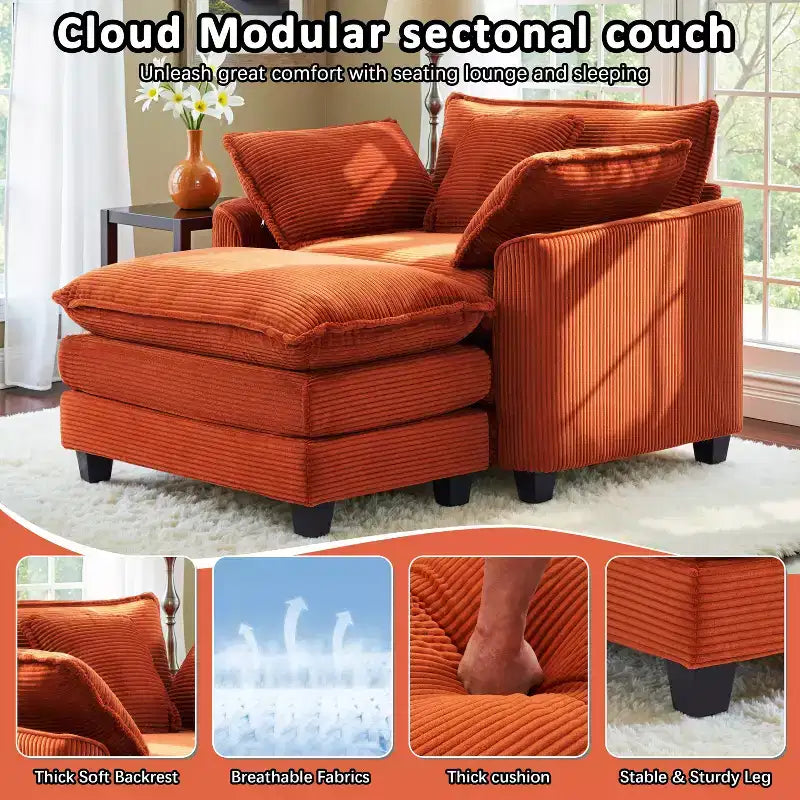 Set Poltrona e Pouf Oversize in Velluto a Coste da 40" con Seduta Profonda