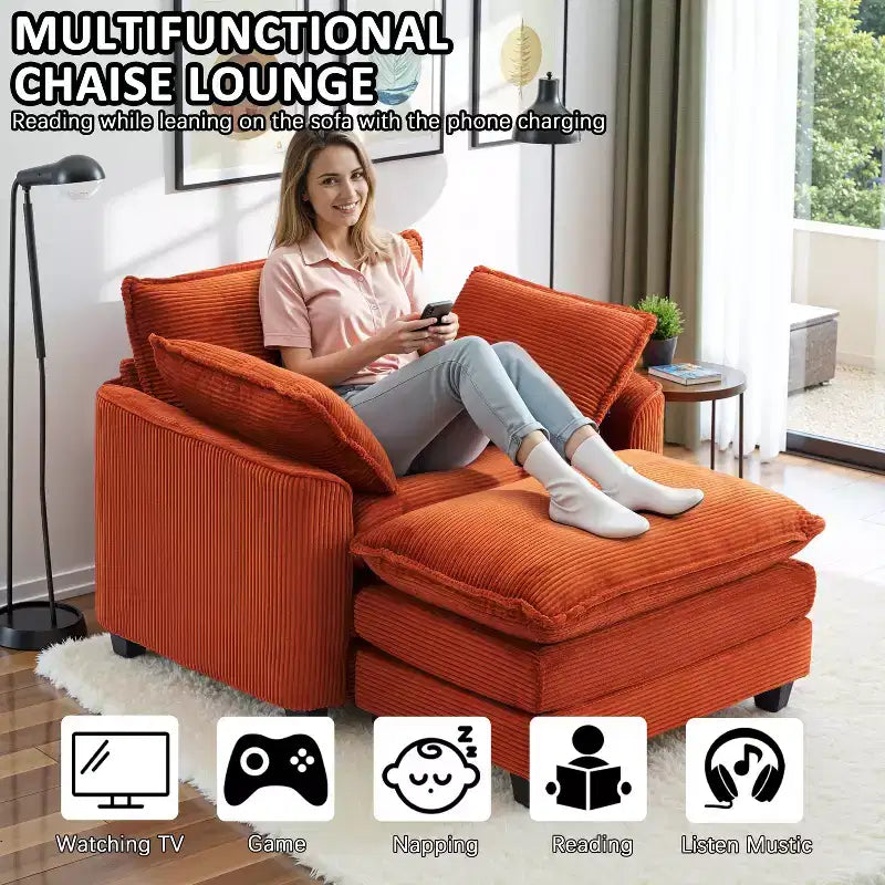 Set Poltrona e Pouf Oversize in Velluto a Coste da 40" con Seduta Profonda