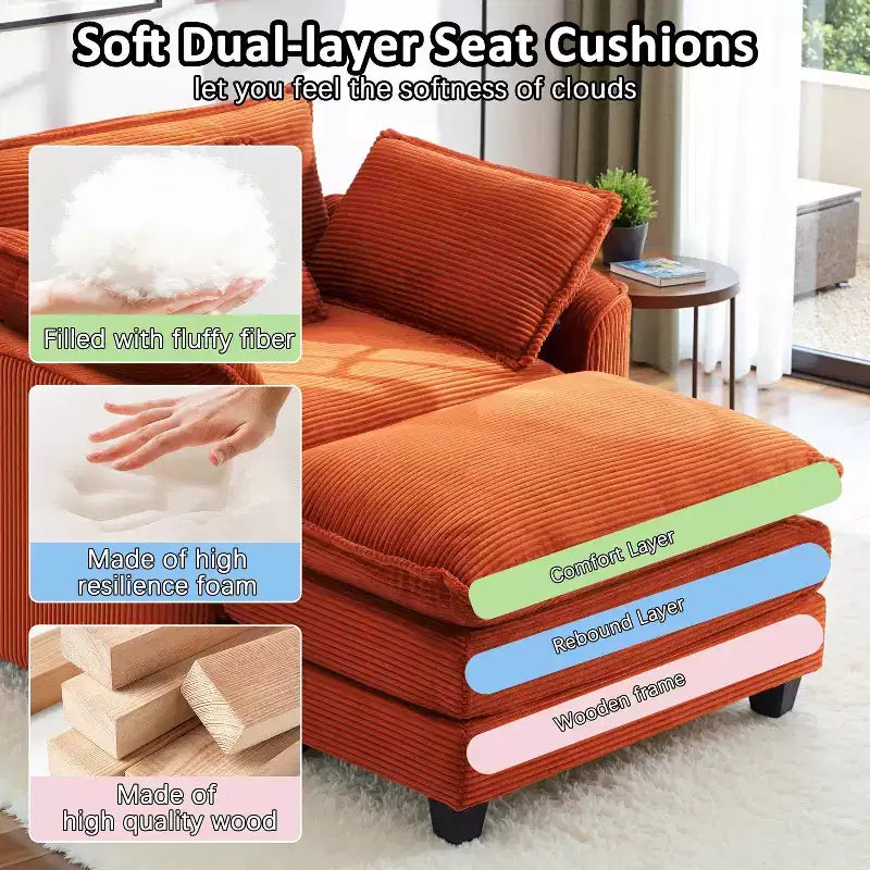 Set Poltrona e Pouf Oversize in Velluto a Coste da 40" con Seduta Profonda