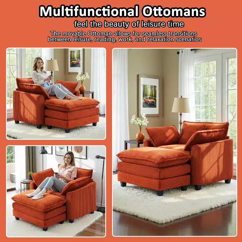 Set Poltrona e Pouf Oversize in Velluto a Coste da 40" con Seduta Profonda