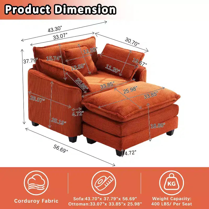 Set Poltrona e Pouf Oversize in Velluto a Coste da 40" con Seduta Profonda