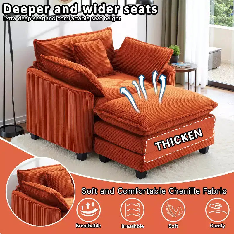 Set Poltrona e Pouf Oversize in Velluto a Coste da 40" con Seduta Profonda