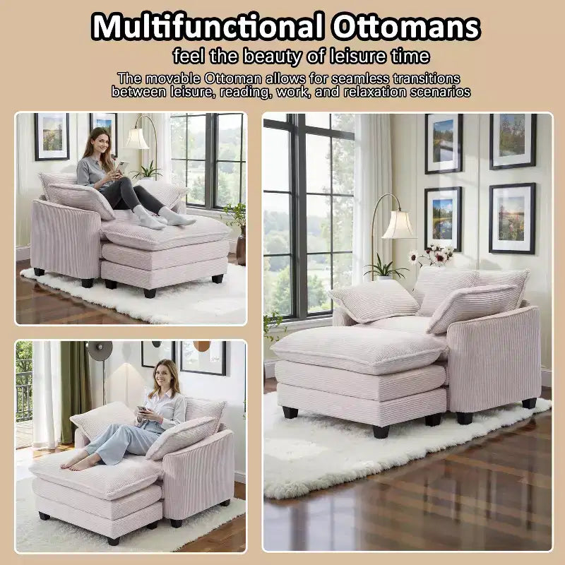 Set Poltrona e Pouf Oversize in Velluto a Coste da 40" con Seduta Profonda