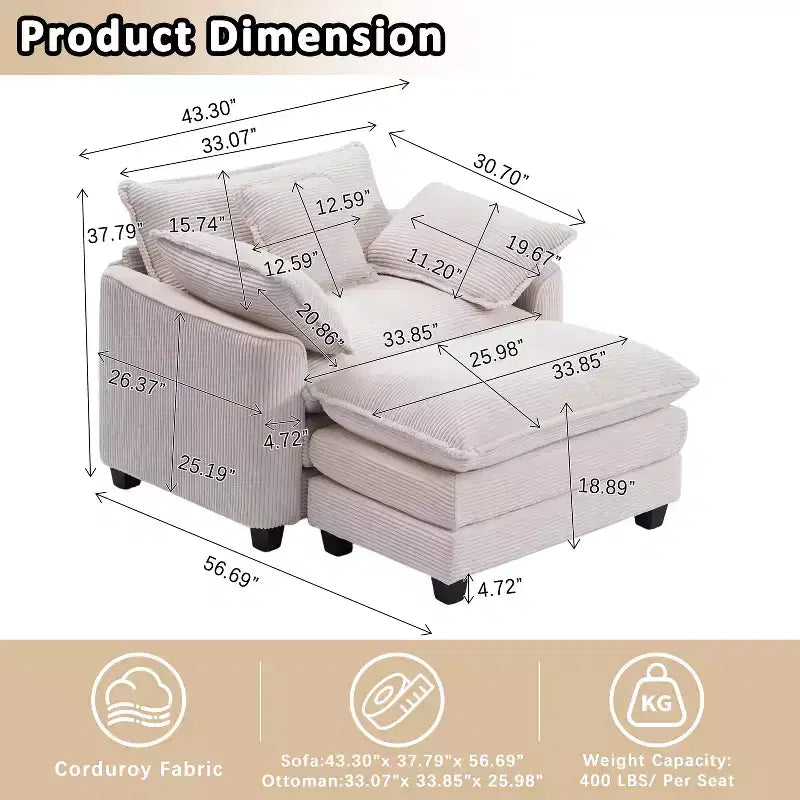 Set Poltrona e Pouf Oversize in Velluto a Coste da 40" con Seduta Profonda