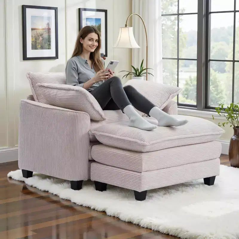 Set Poltrona e Pouf Oversize in Velluto a Coste da 40" con Seduta Profonda