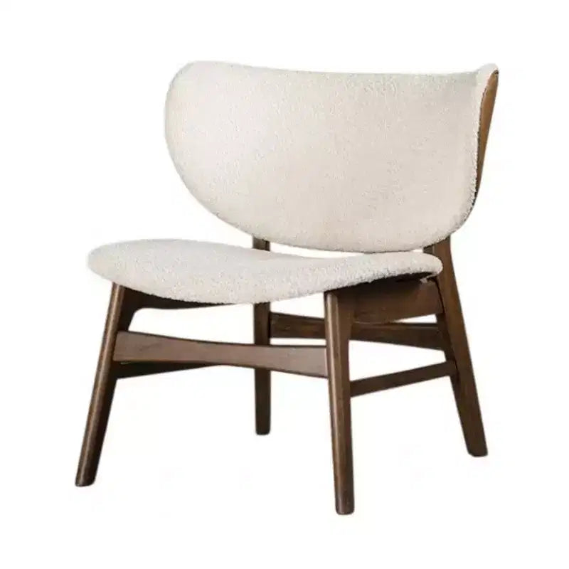 Poltrona con schienale a orecchioni, Tessuto bouclé beige, Struttura in legno noce marrone