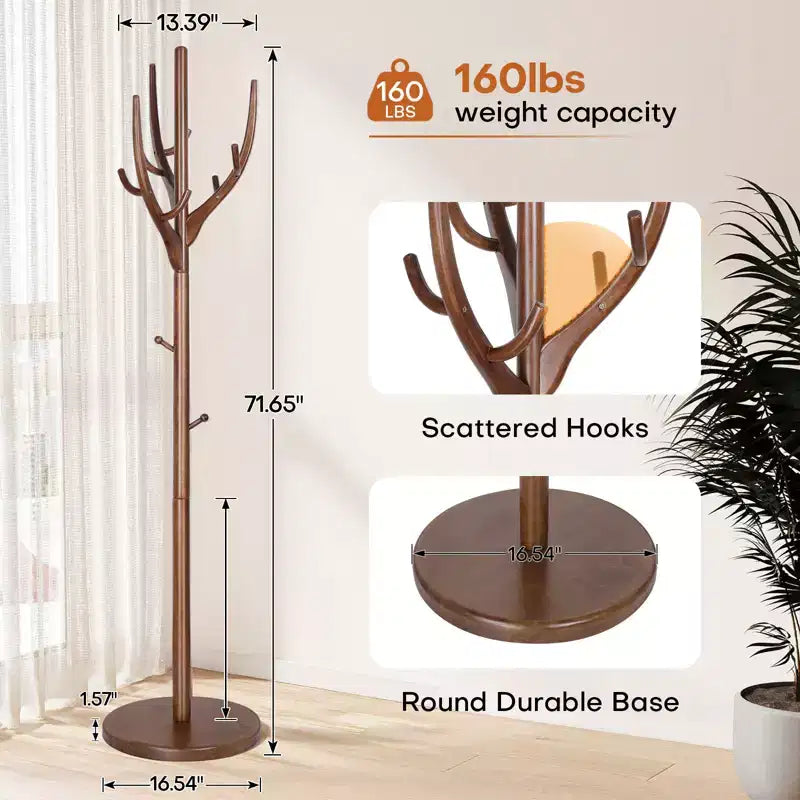 Appendiabiti Autoportante in Legno Massello con 12 Ganci e Base Rotonda Appesantita – Albero Appendiabiti per Cappotti, Cappelli, Borse e Ingresso