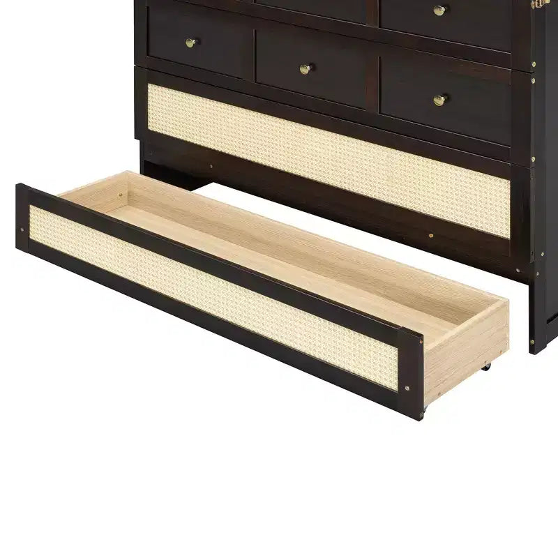 Letto a scomparsa matrimoniale con cassetto contenitore e anta in rattan